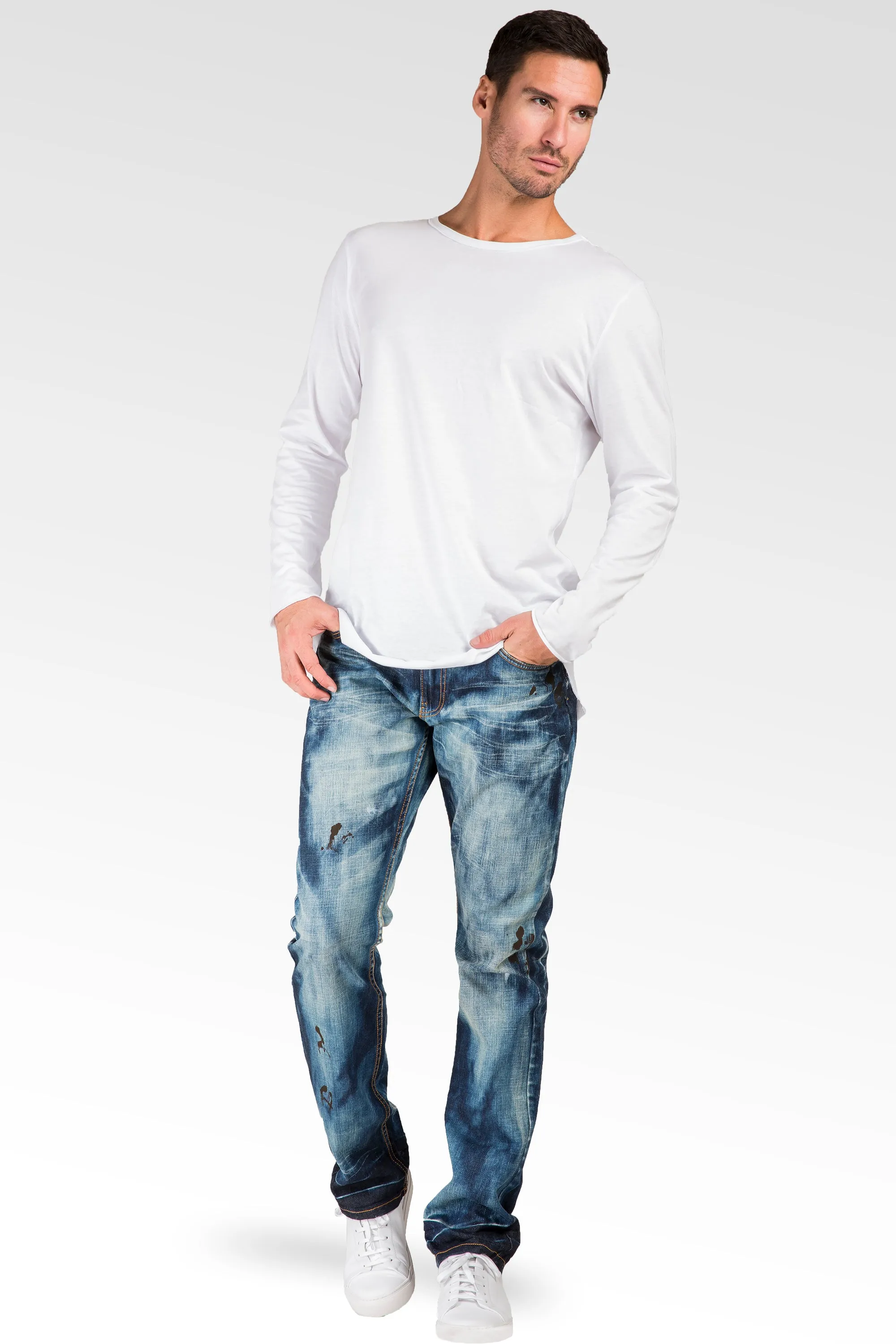 Slim Straight Dark Cloud Blue Premium Denim 5 Pocket Jeans Sanding Whisker Paint Splatter