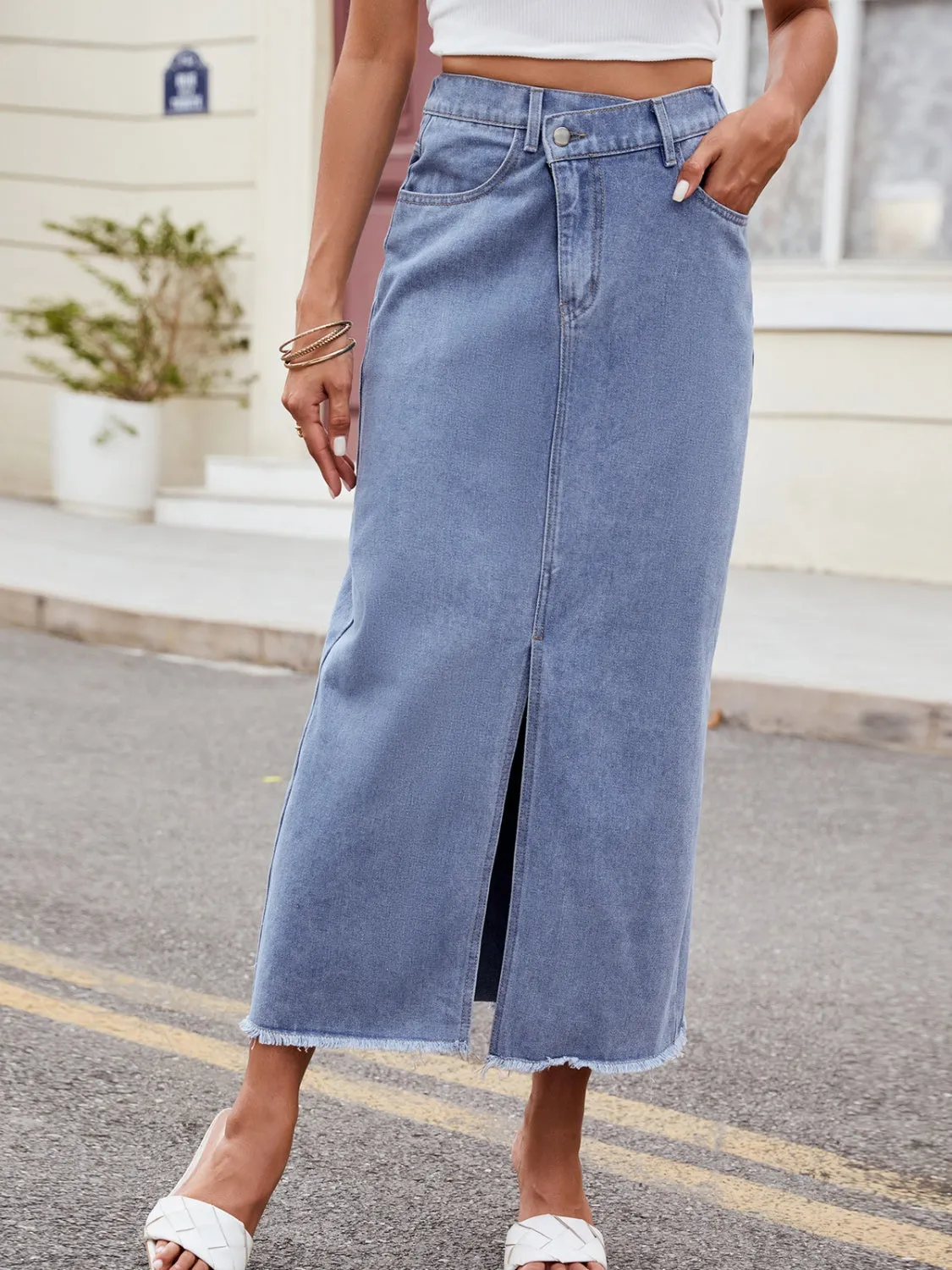 Slit Asymmetrical Waist Denim Skirt