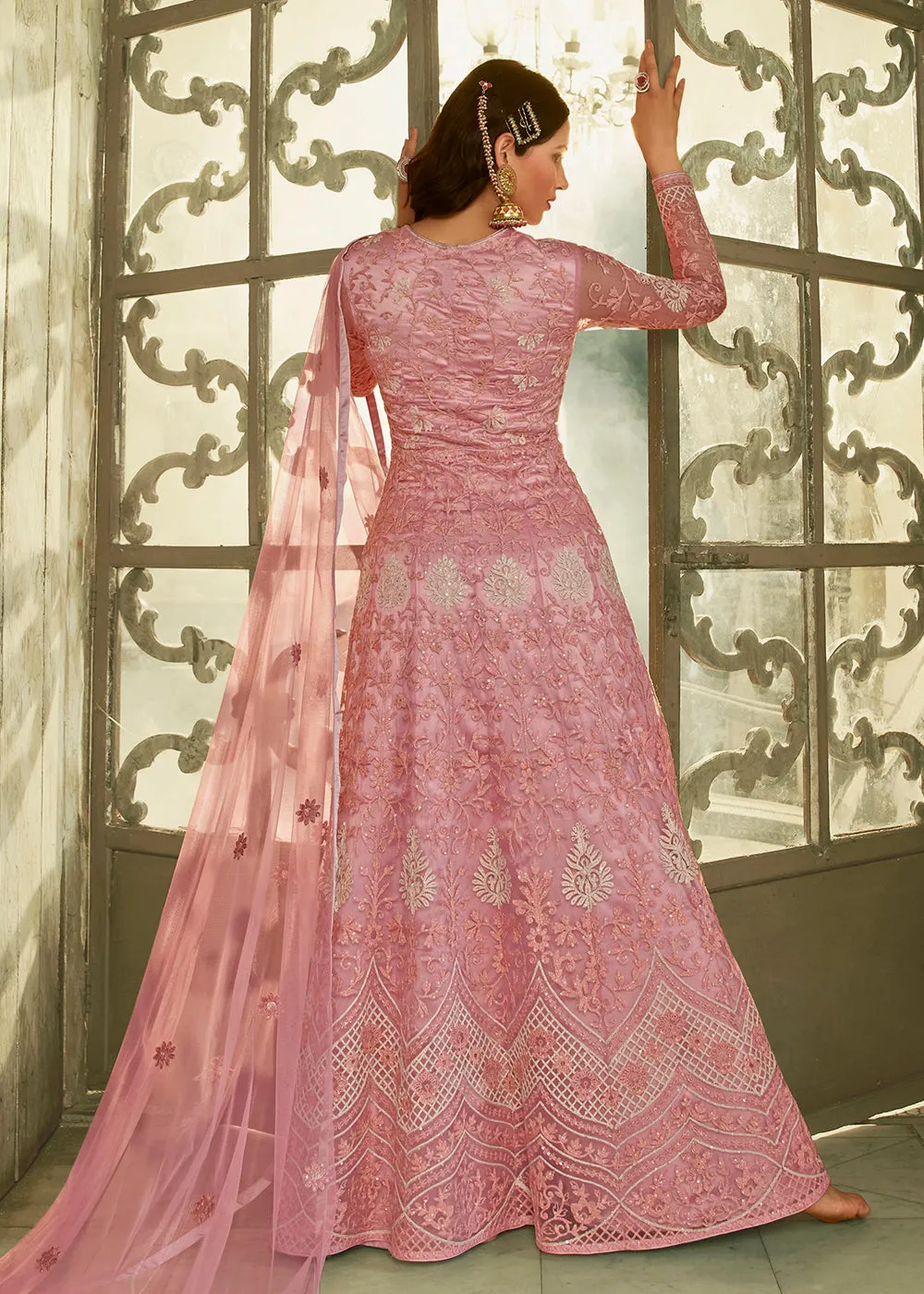 Slit Style Majestic Pink Zari Embroidered Party Festive Anarkali