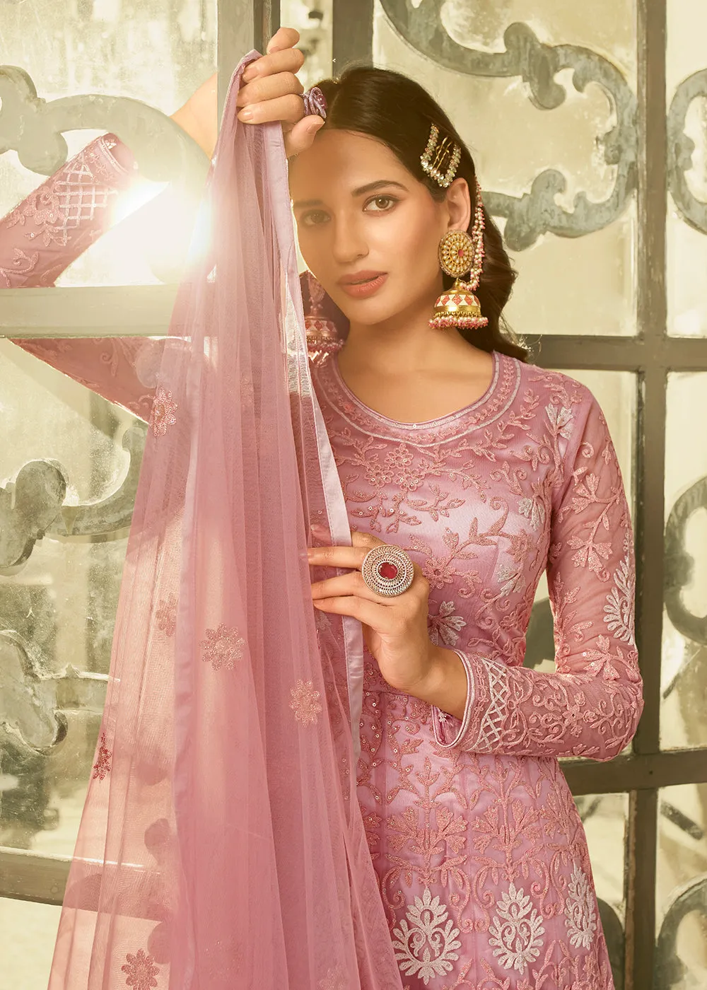 Slit Style Majestic Pink Zari Embroidered Party Festive Anarkali