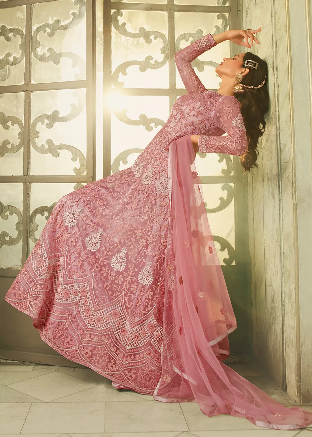 Slit Style Majestic Pink Zari Embroidered Party Festive Anarkali