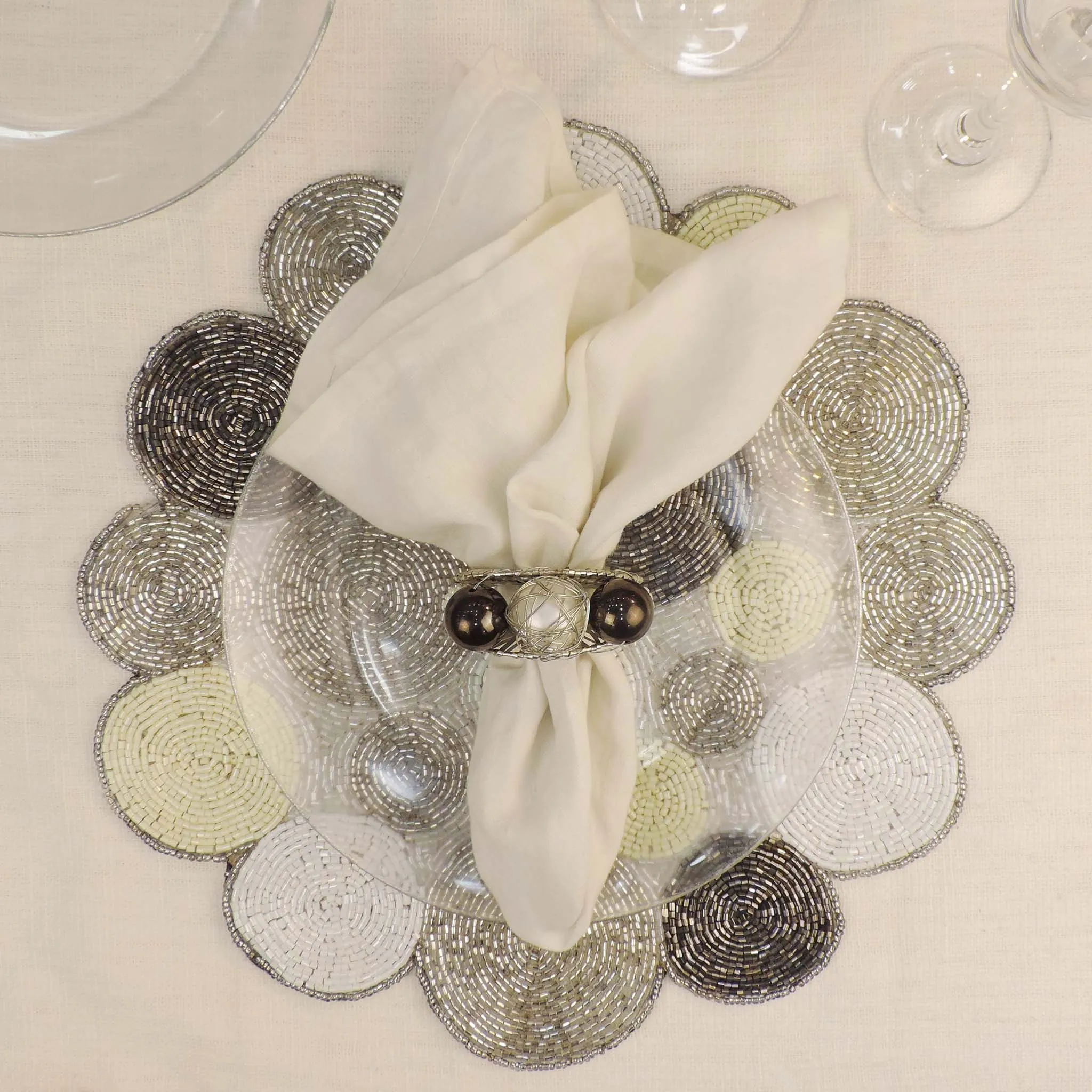 Smokey Dot Glass Beaded Placemat in Silver & White, Set of 2