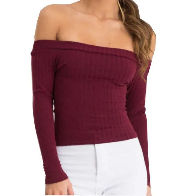 Smoves Sexy Off Shoulder Women Knitted Sweater Tops.