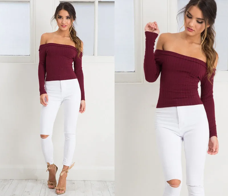 Smoves Sexy Off Shoulder Women Knitted Sweater Tops.