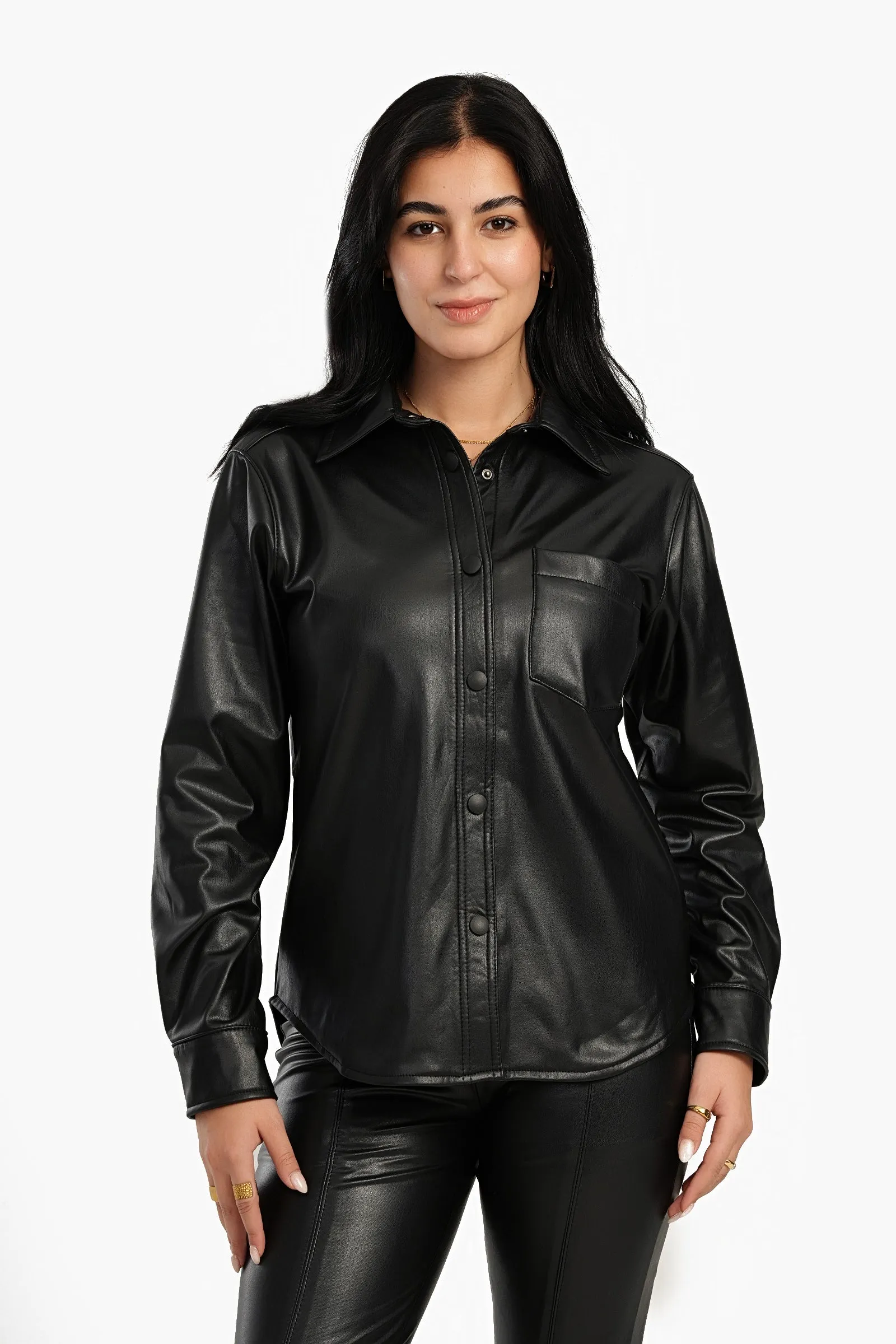 Snap Closure Black Leather Shirt