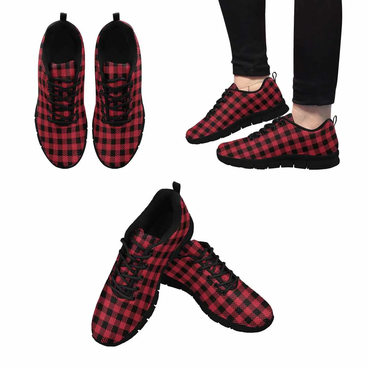 Sneakers For Men, Buffalo Plaid Red And Black Running Shoes Dg852