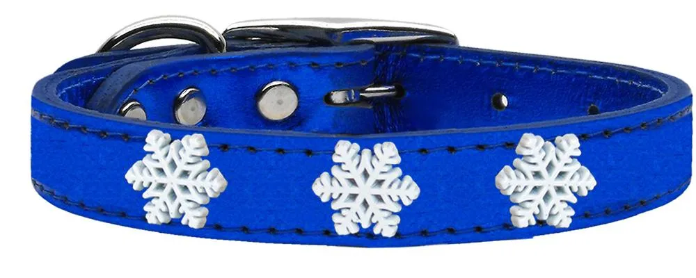 Snowflake Widget Genuine Metallic Leather Dog Collar Blue 18