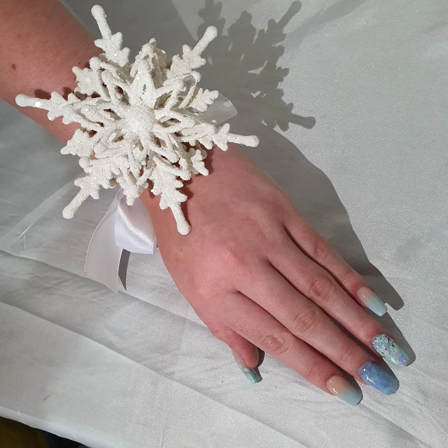 Snowflake wrist corsage for a Winter wedding Wrist 3D Corsage - by Crystal wedding uk