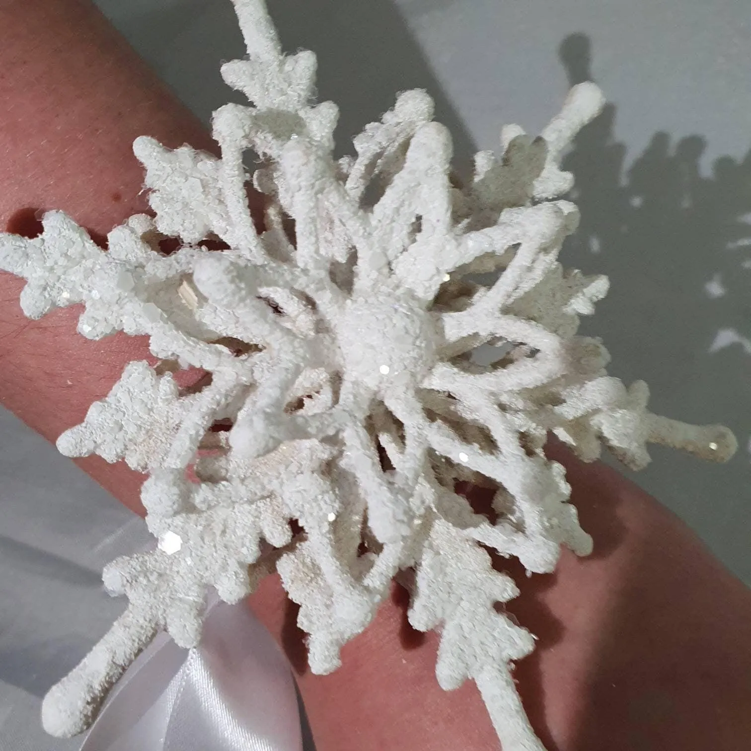 Snowflake wrist corsage for a Winter wedding Wrist 3D Corsage - by Crystal wedding uk