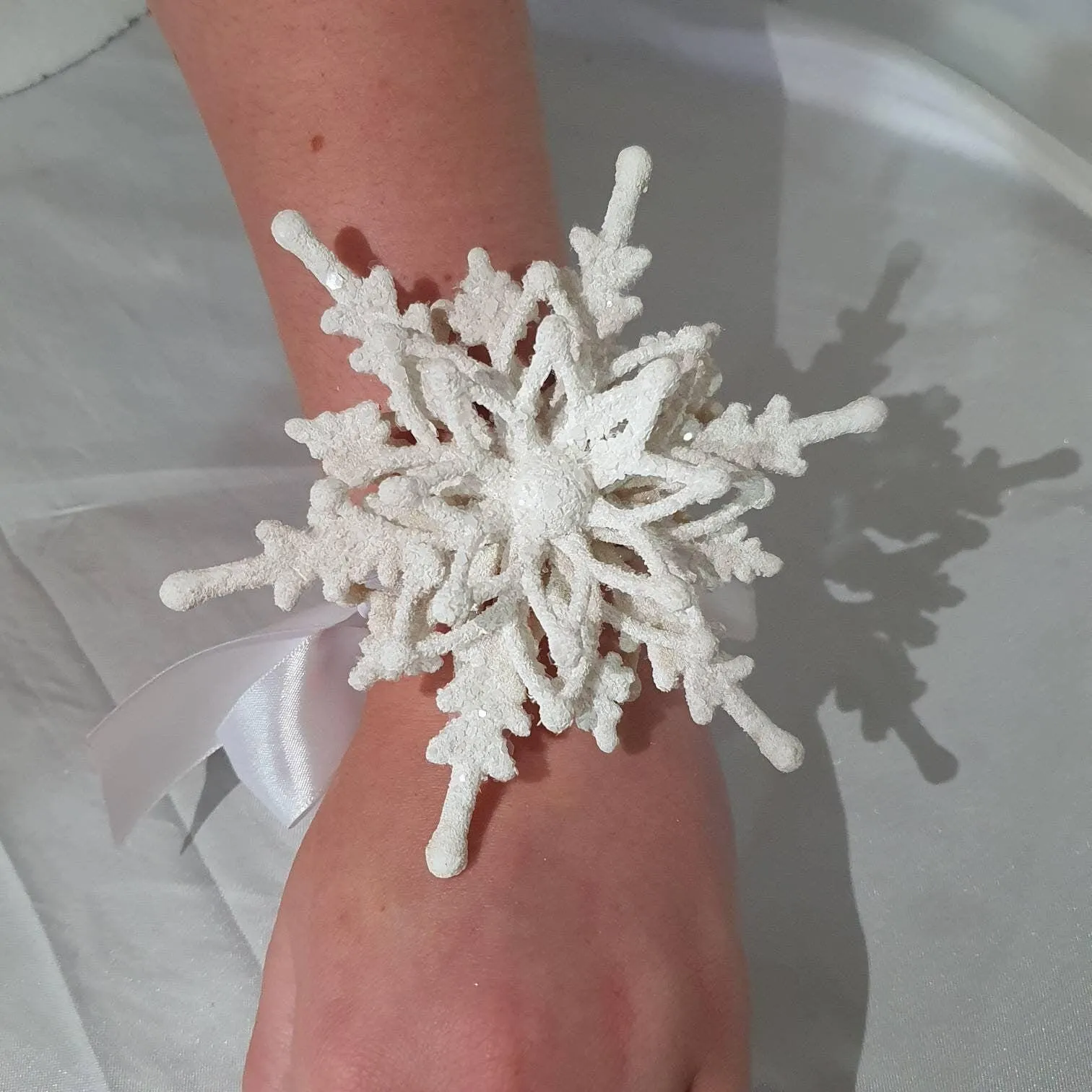 Snowflake wrist corsage for a Winter wedding Wrist 3D Corsage - by Crystal wedding uk