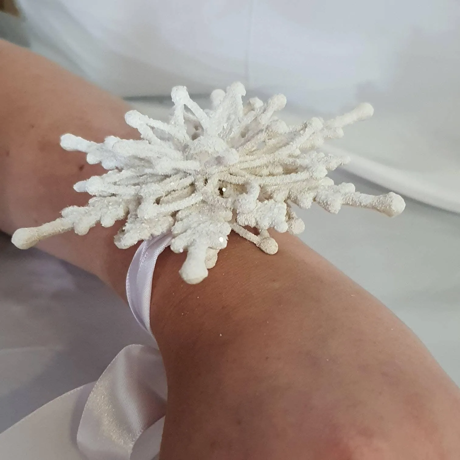 Snowflake wrist corsage for a Winter wedding Wrist 3D Corsage - by Crystal wedding uk