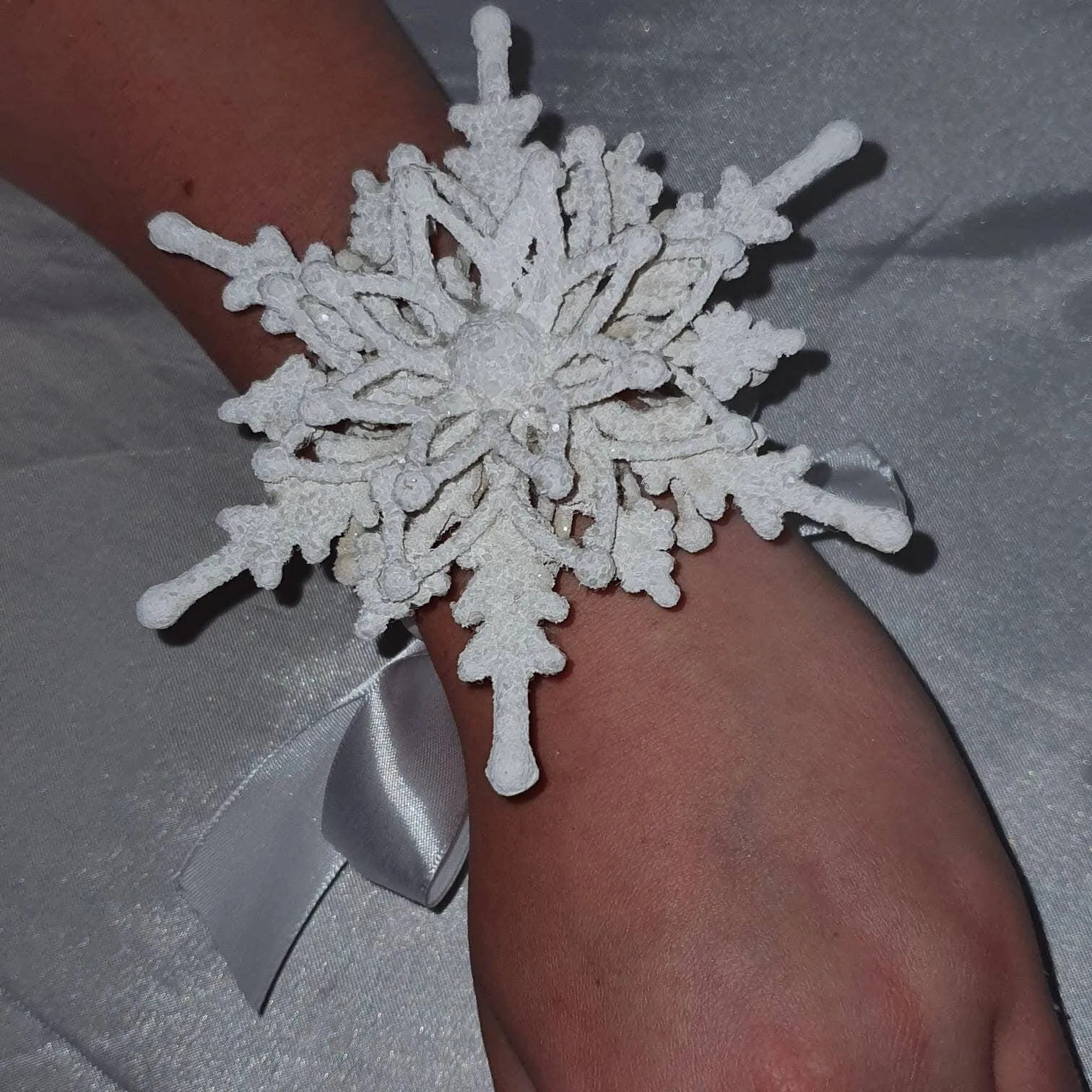 Snowflake wrist corsage for a Winter wedding Wrist 3D Corsage - by Crystal wedding uk