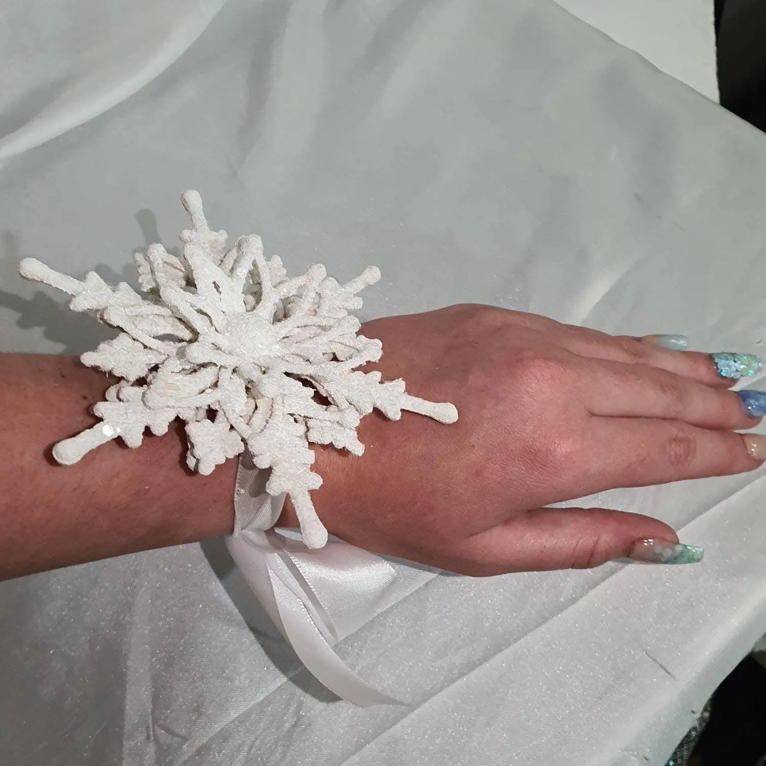 Snowflake wrist corsage for a Winter wedding Wrist 3D Corsage - by Crystal wedding uk