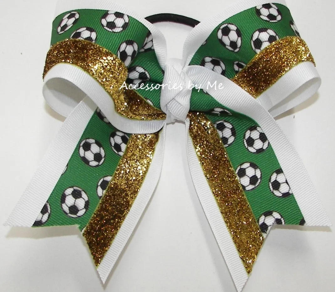 Soccer Green White Gold Glitter Hair Bow