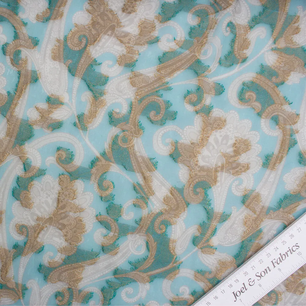 Soft Grey on Turquoise Silk Jacquard Chiffon