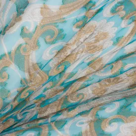 Soft Grey on Turquoise Silk Jacquard Chiffon