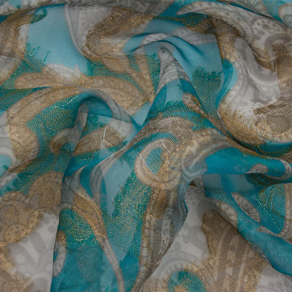 Soft Grey on Turquoise Silk Jacquard Chiffon