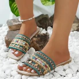 Sohiwoo Bohemian Style Flat Sandals Women Slides Summer Square Toe Outdoor Slippers Woman Plus Size 43 Roman Shoes Flip Flops Mujer