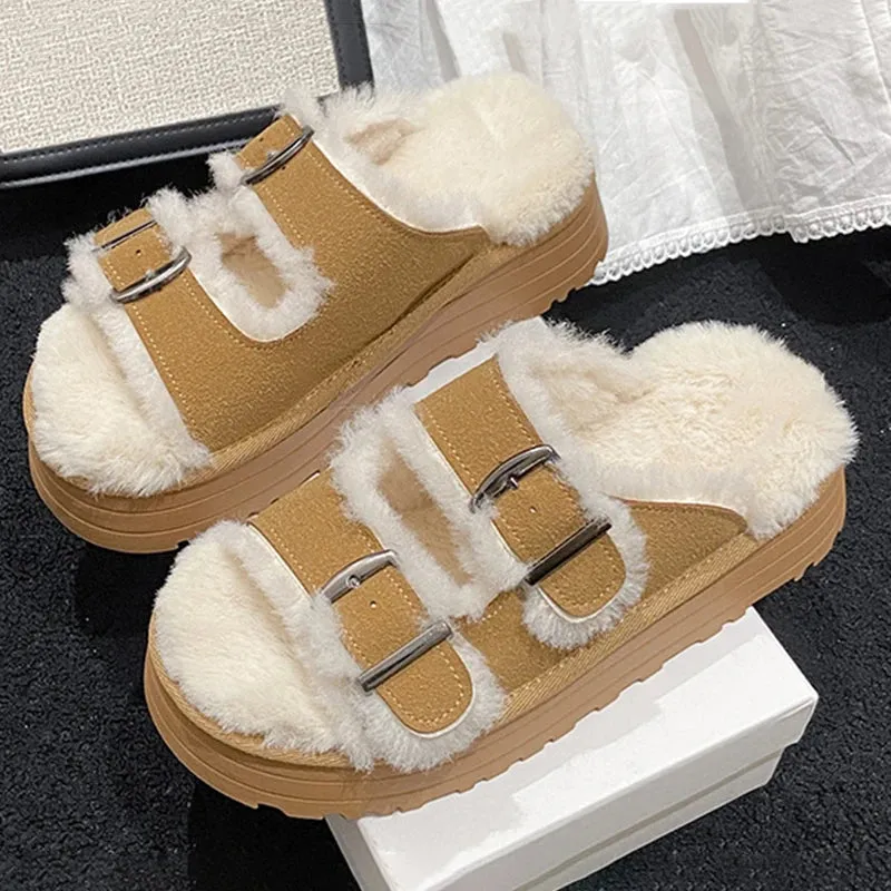 Sohiwoo Double Buckle Thick Bottom Winter Slippers Women New Chunky Platform Fur Slippers Woman Warm Thicken Plush Outdoor Shoes