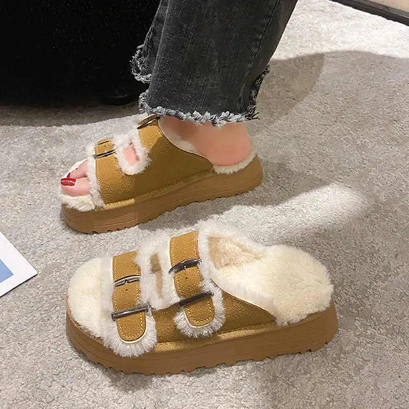 Sohiwoo Double Buckle Thick Bottom Winter Slippers Women New Chunky Platform Fur Slippers Woman Warm Thicken Plush Outdoor Shoes