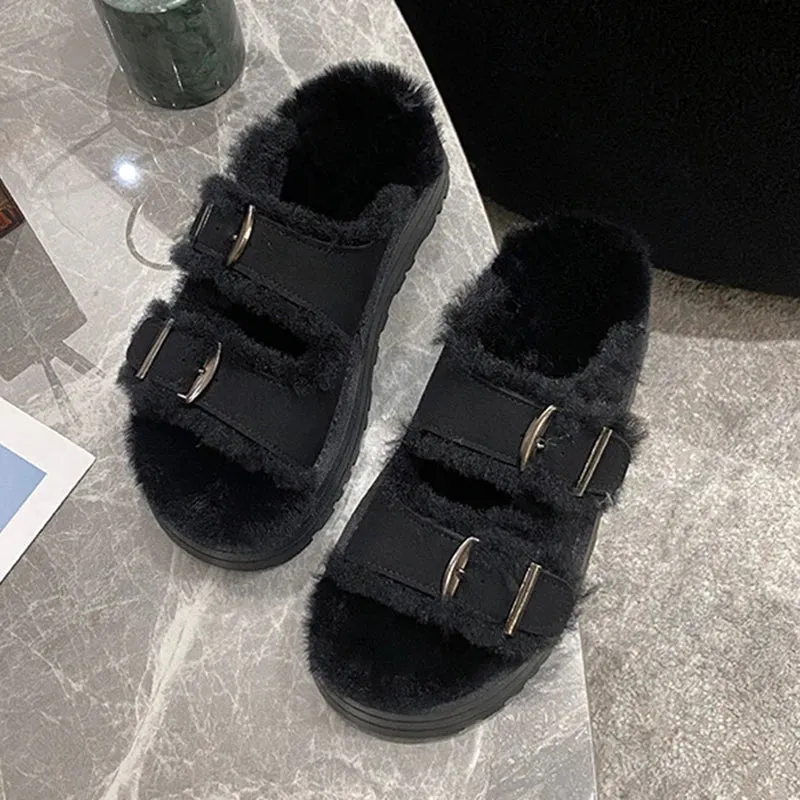 Sohiwoo Double Buckle Thick Bottom Winter Slippers Women New Chunky Platform Fur Slippers Woman Warm Thicken Plush Outdoor Shoes