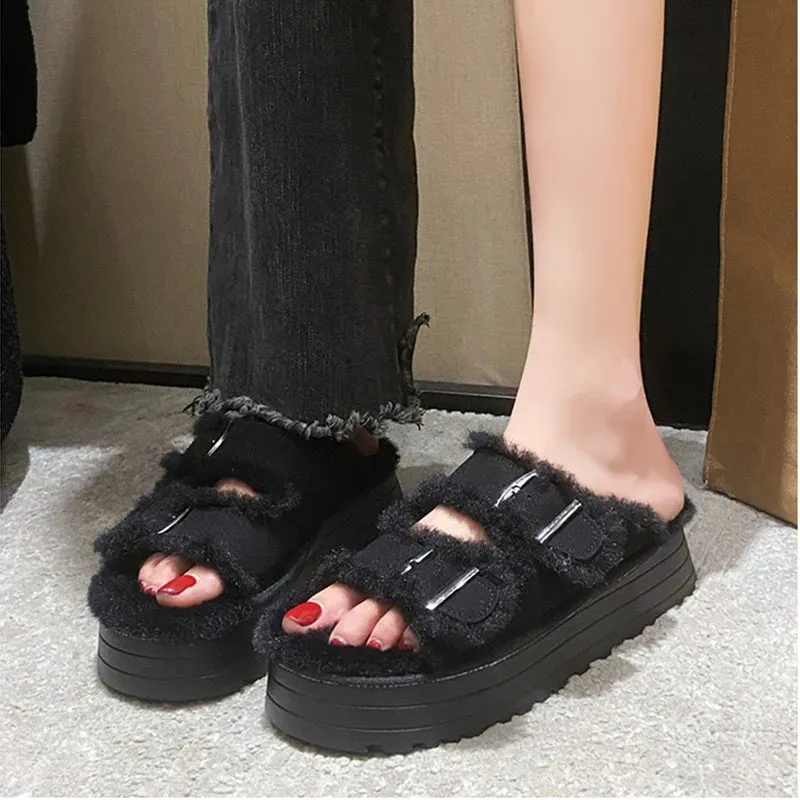 Sohiwoo Double Buckle Thick Bottom Winter Slippers Women New Chunky Platform Fur Slippers Woman Warm Thicken Plush Outdoor Shoes