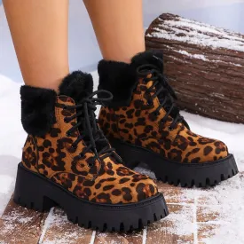 Sohiwoo Leopard Print Fur Ankle Boots Women Fashion Lace Up Platform Combat Boots Woman Winter Warm Plush Short Boats Mujer