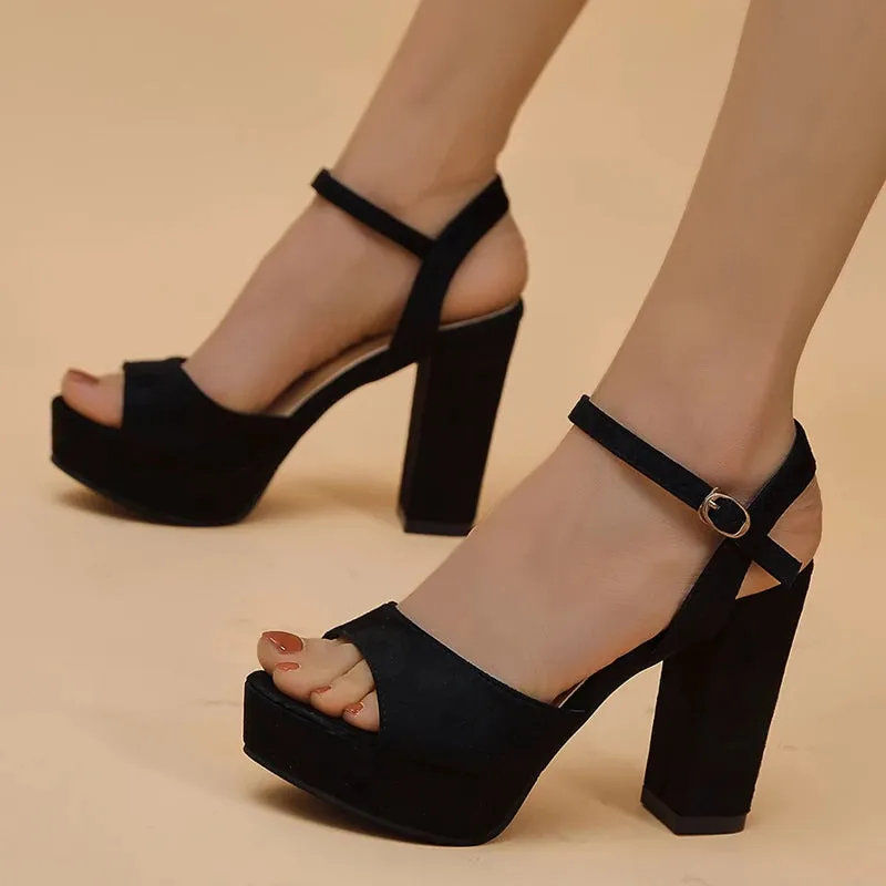 Sohiwoo Summer Black High Heel Sandals Woman Flock Platform Heeled Sandals for Women Ankle Strap Peep Toe Pumps Ladies