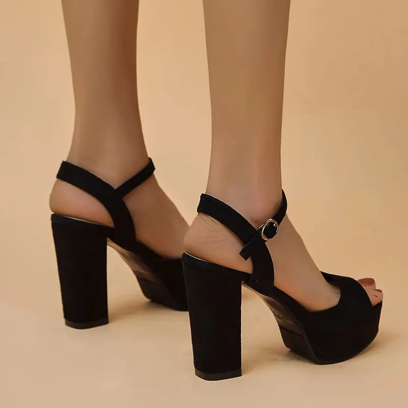 Sohiwoo Summer Black High Heel Sandals Woman Flock Platform Heeled Sandals for Women Ankle Strap Peep Toe Pumps Ladies