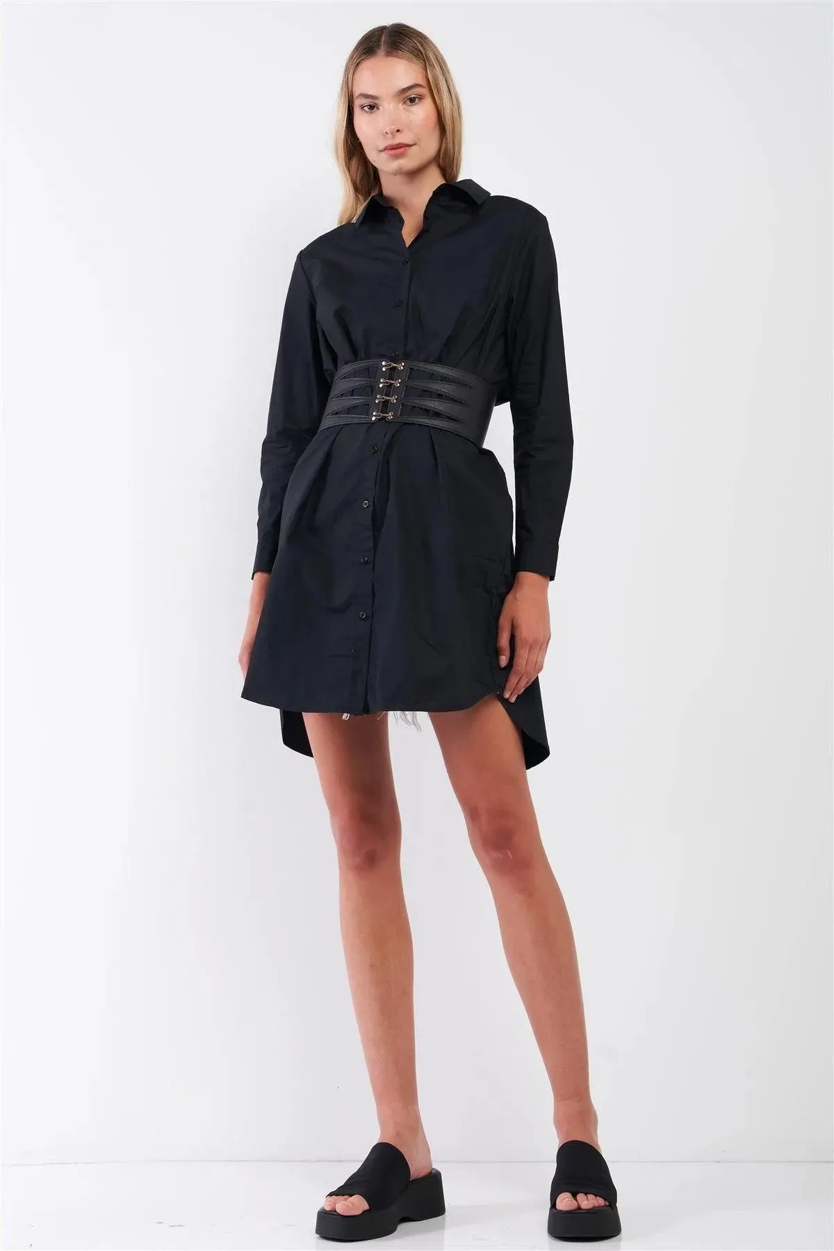 Solid Black Cotton Long Sleeve Front Button Down Back Slit Dress-Shirt Top /1-2-2-1