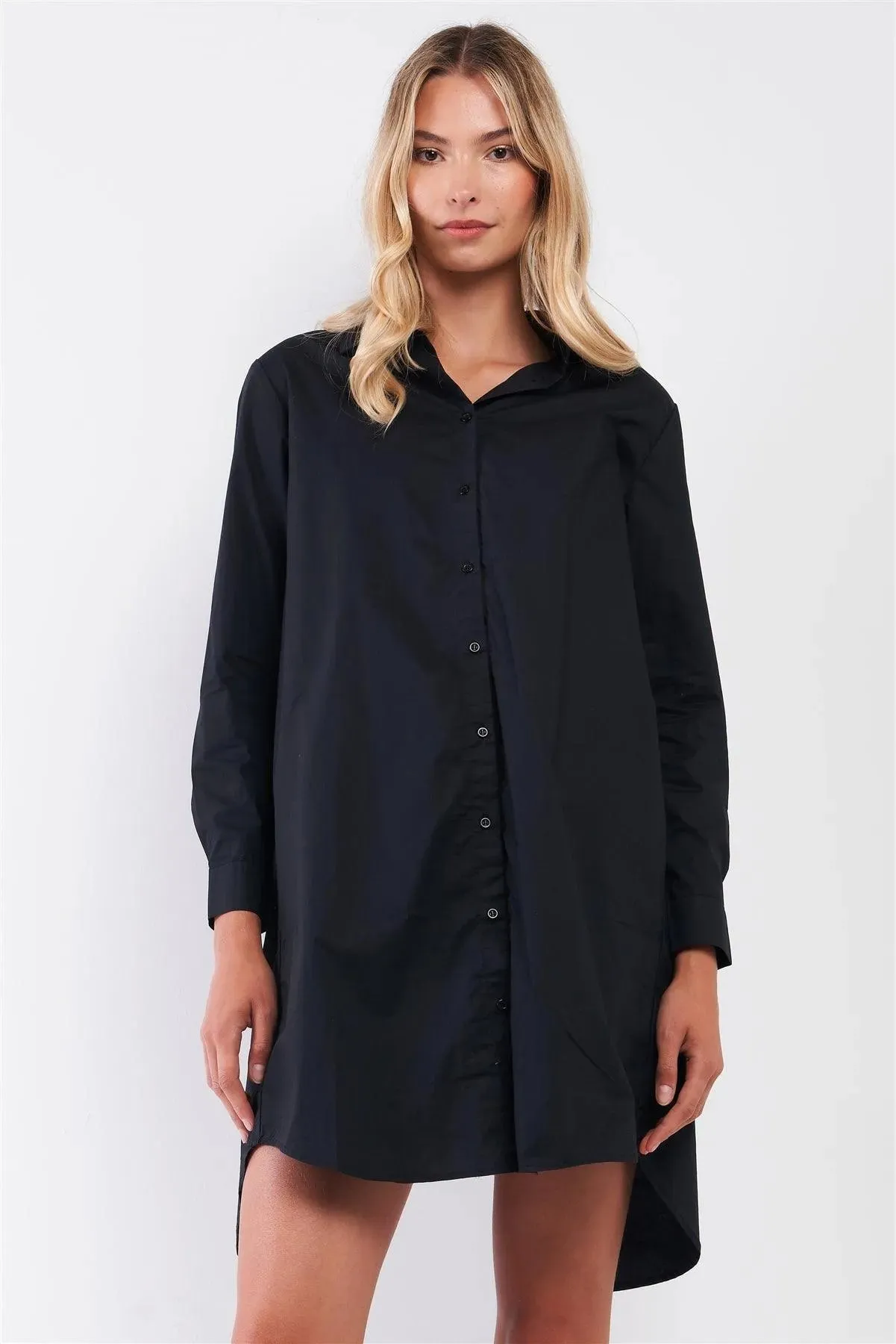 Solid Black Cotton Long Sleeve Front Button Down Back Slit Dress-Shirt Top /1-2-2-1