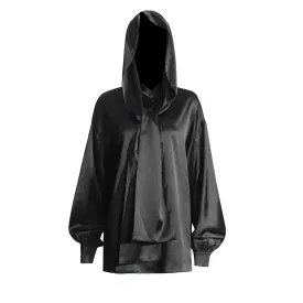 Solid Casual Irregular Blouses For Women Hooded Long Sleeve Spliced Single Breasted Minimalist Loose Shirts Female Fashion