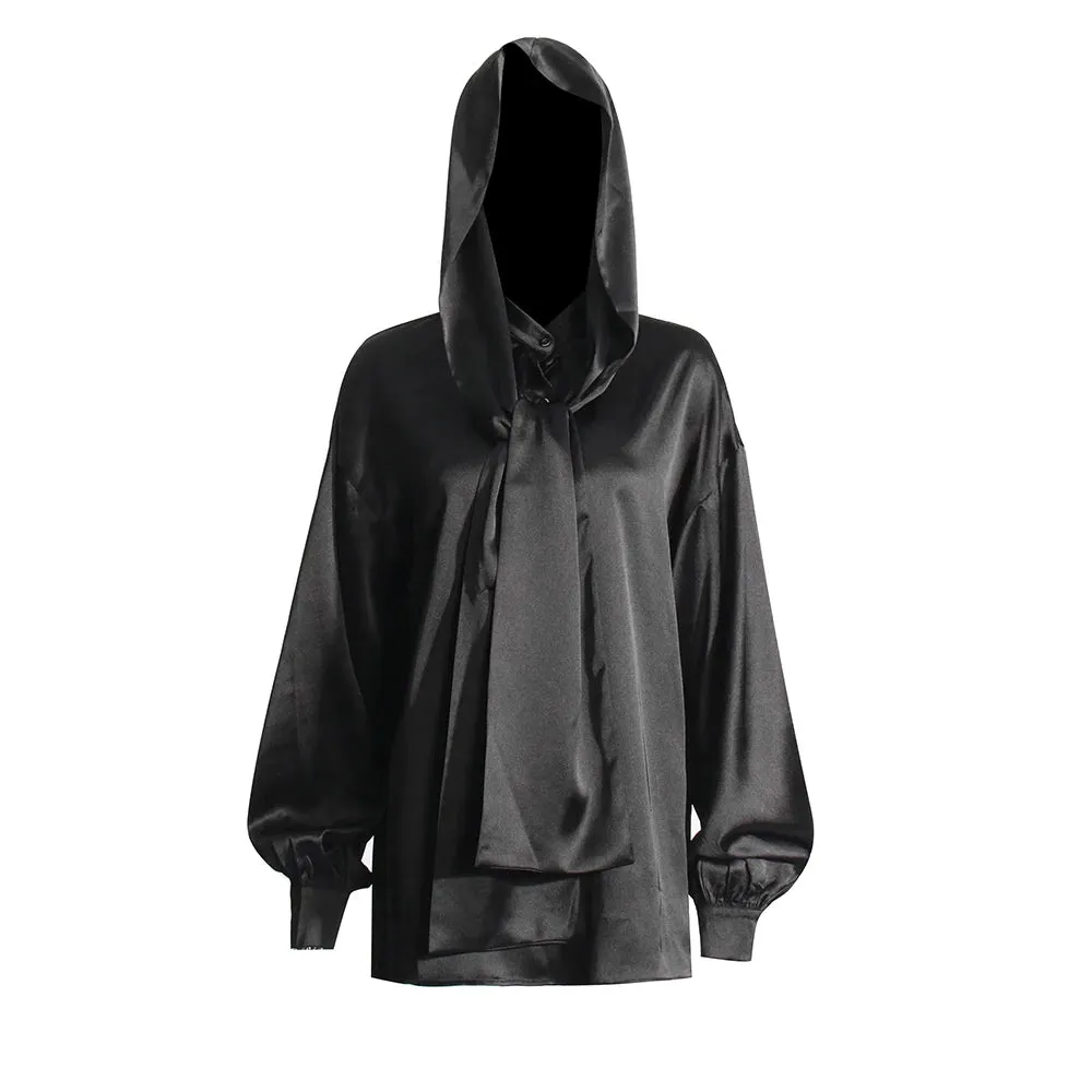 Solid Casual Irregular Blouses For Women Hooded Long Sleeve Spliced Single Breasted Minimalist Loose Shirts Female Fashion