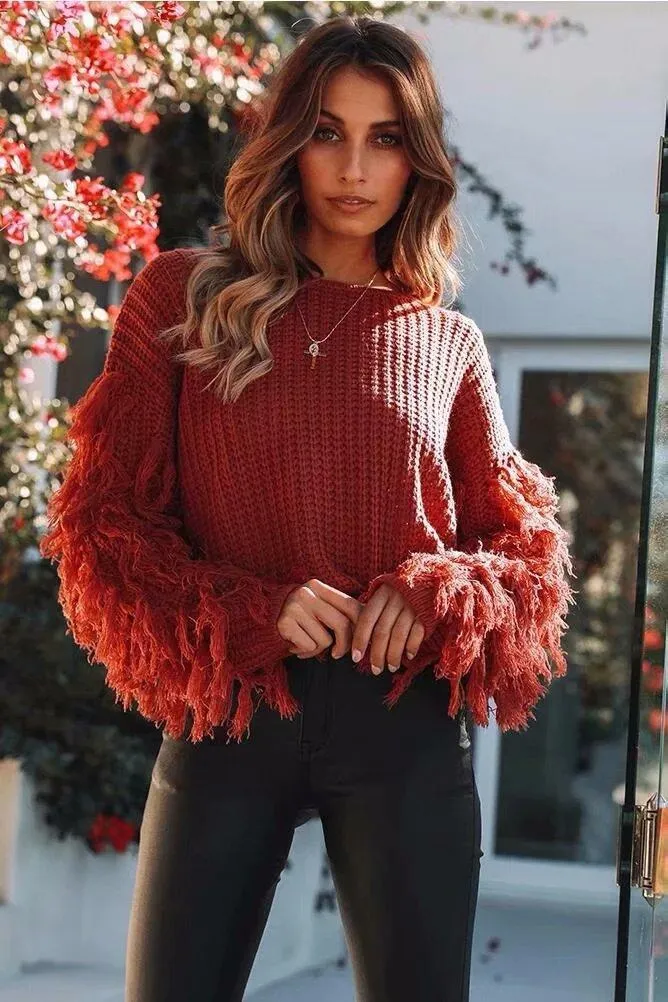 Solid Color Round Neck Long Sleeve Tassel Sweater