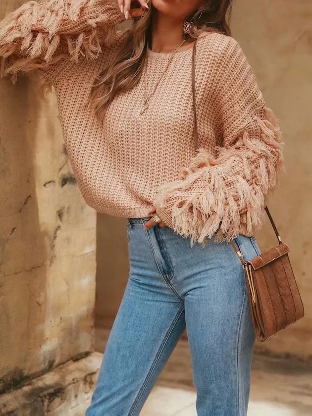 Solid Color Round Neck Long Sleeve Tassel Sweater