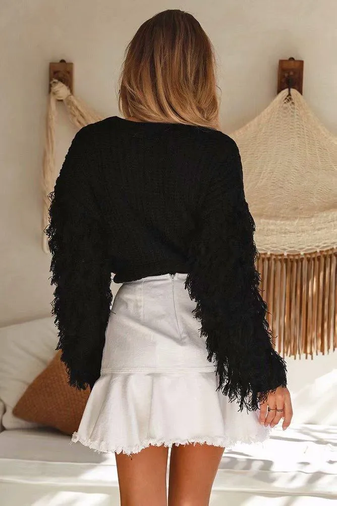 Solid Color Round Neck Long Sleeve Tassel Sweater