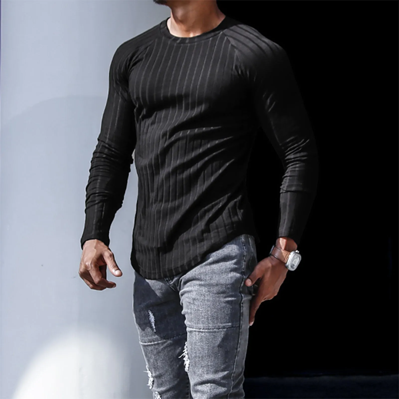 SOLID COLOR STRIPED RAGLAN  LONG SLEEVE T-SHIRT