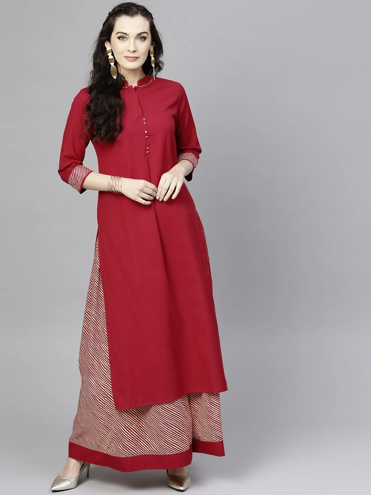 Solid Kurta With Printed Stripe Skirt