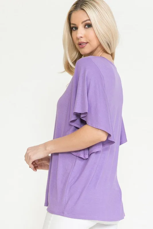 Solid Short Butterfly Sleeve Round Neck Top