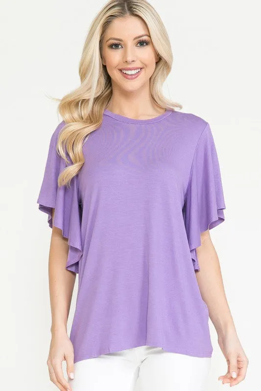 Solid Short Butterfly Sleeve Round Neck Top