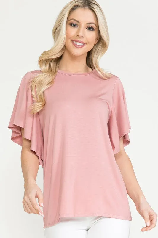 Solid Short Butterfly Sleeve Round Neck Top