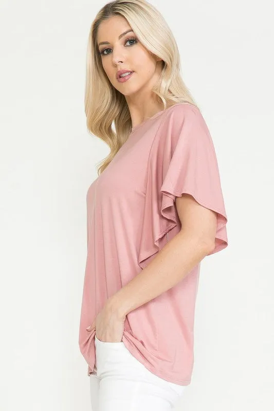 Solid Short Butterfly Sleeve Round Neck Top