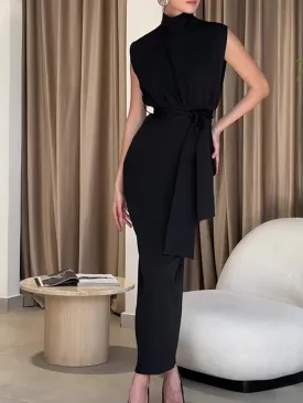 Solid Slit Belted Trendy Turtleneck Long Dress