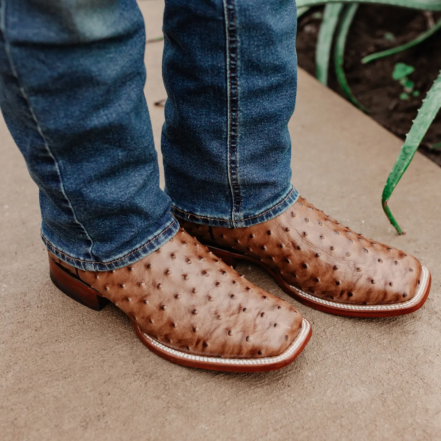 Soto Boots Men's Ostrich Print Square Toe Cowboy Boots H8001-Tan