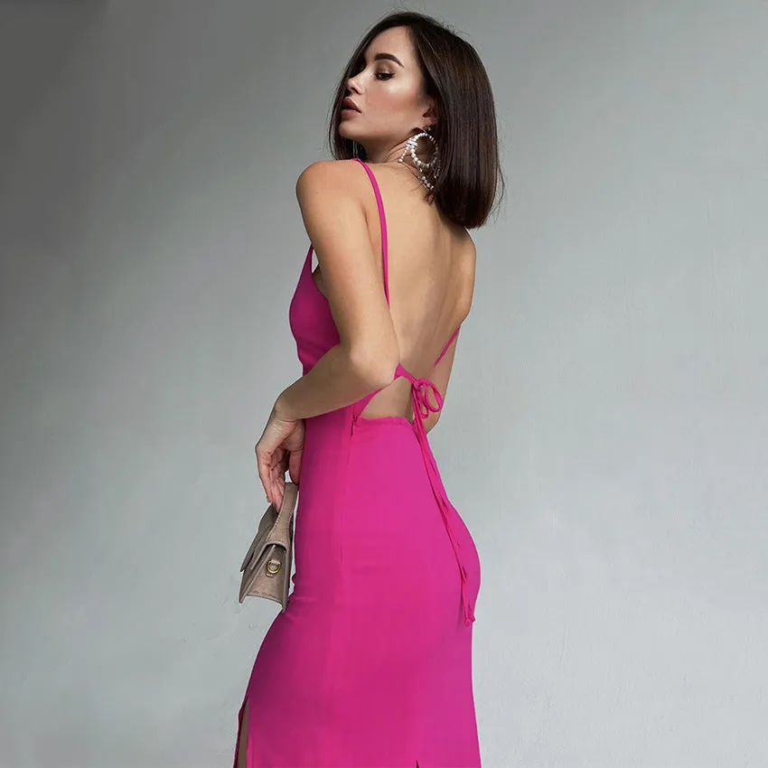 Spaghetti Backless V Neck Sexy Pink Slim Slip Casual Dress