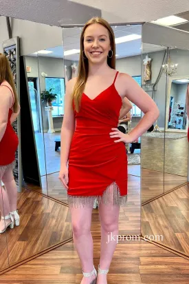 Spaghetti Straps Red Ruched Tassels Bodycon Mini Homecoming Dress,Graduation Dresses with Slit