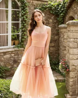 Spaghetti-straps ruched bodice layered skirt tea length tulle prom dress