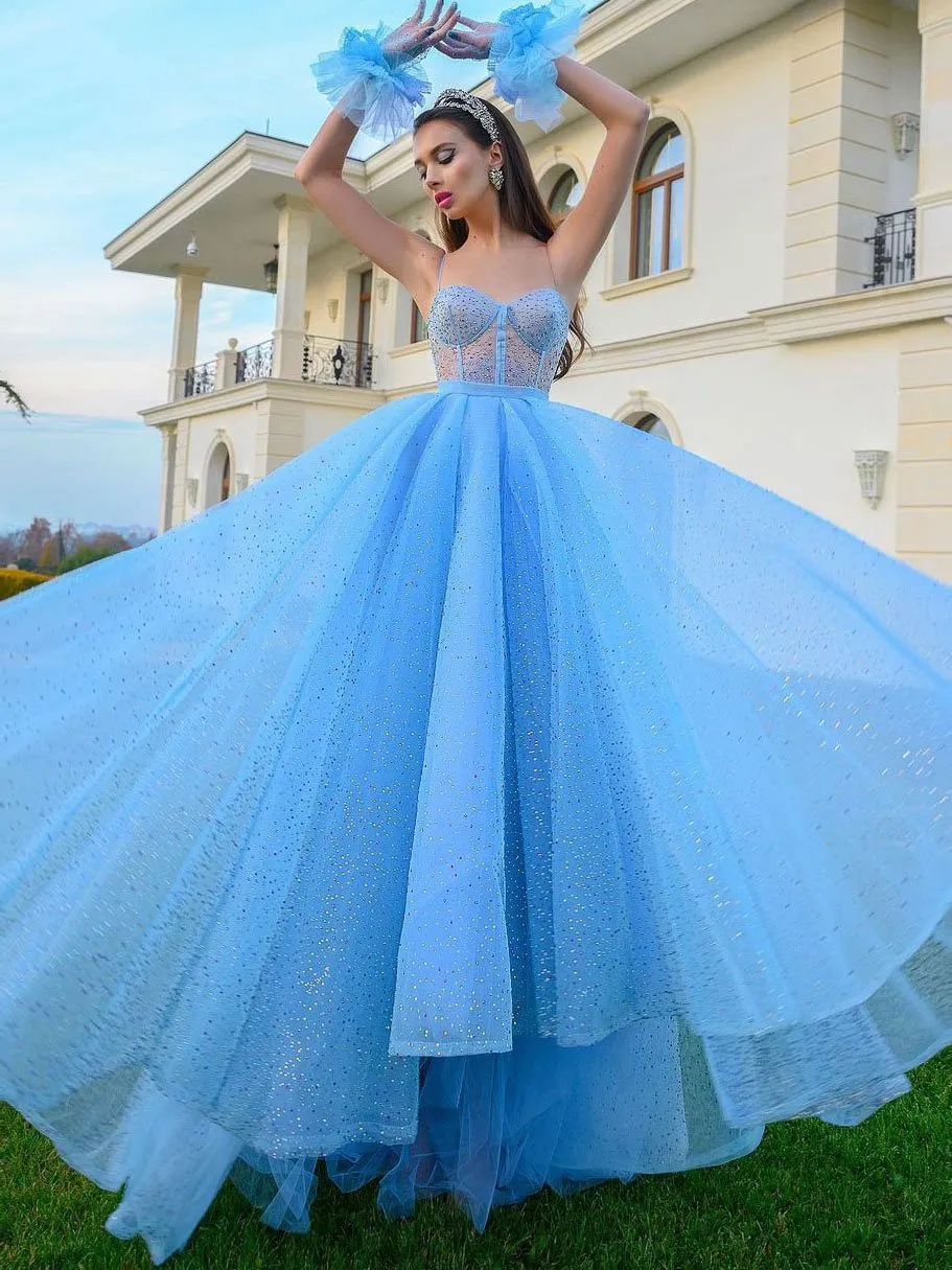 Sparkly Blue sweetheart neck tulle long prom dresses, blue formal party dresses