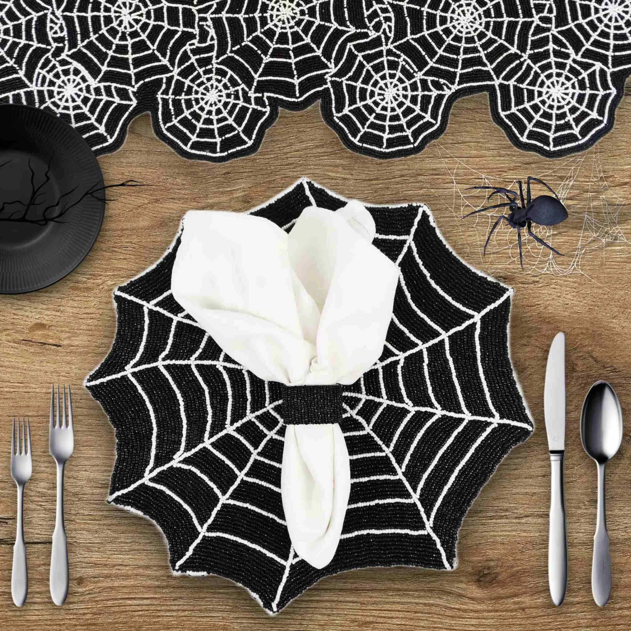 Spiderweb Halloween Bead Placemat in Black, Set of 2