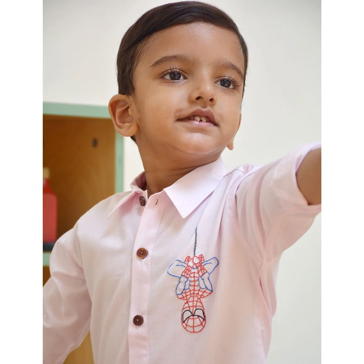 Spidey Embroidered Organic Cotton Shirt- Light Pink